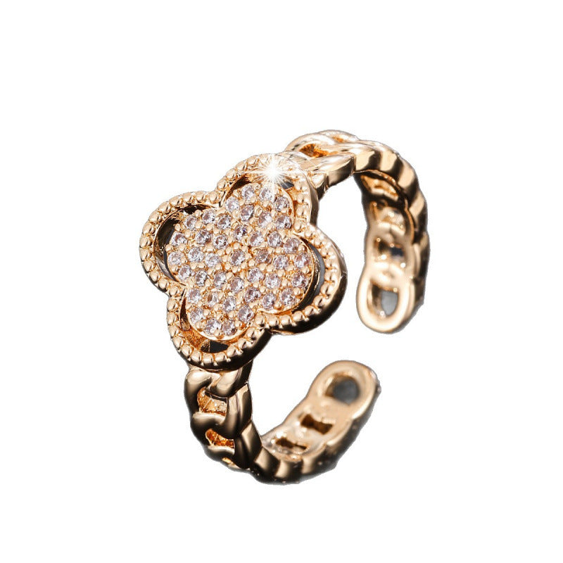Lucky Heart Luxurious Open Ring For Women, Waterproof Non Tarnish Copper With Zircon Inlay