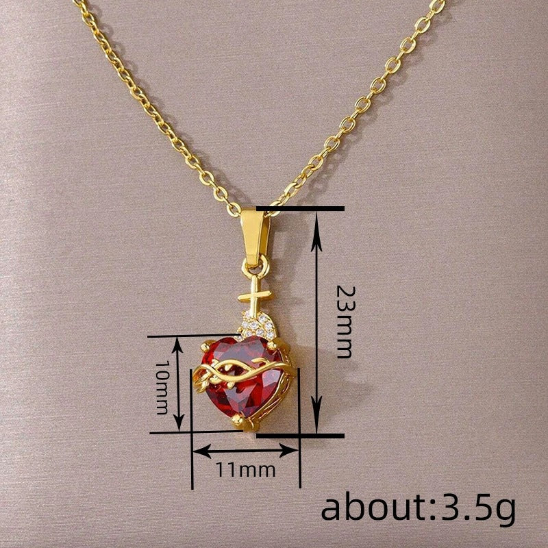 Romantic Heart Shape Necklace For Women, Electroplated Copper Pendant With Artificial Gemstones