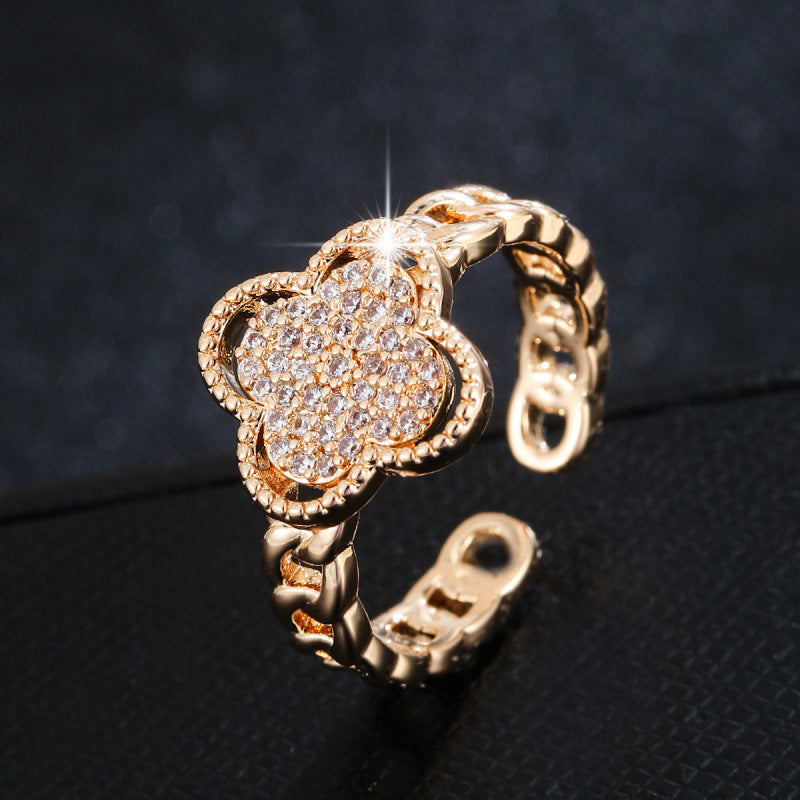 Lucky Heart Luxurious Open Ring For Women, Waterproof Non Tarnish Copper With Zircon Inlay