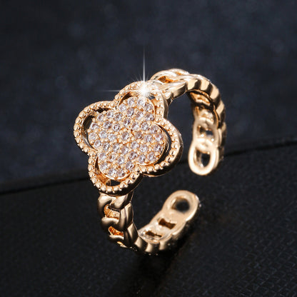 Lucky Heart Luxurious Open Ring For Women, Waterproof Non Tarnish Copper With Zircon Inlay