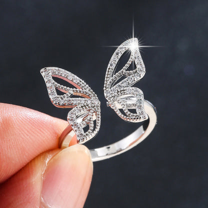 Elegant Women’s Open Rings Bow Tie Pattern Copper Ring With Zircon Inlay In Gold