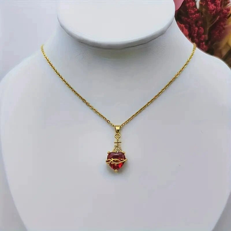 Romantic Heart Shape Necklace For Women, Electroplated Copper Pendant With Artificial Gemstones