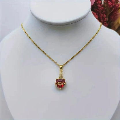 Romantic Heart Shape Necklace For Women, Electroplated Copper Pendant With Artificial Gemstones