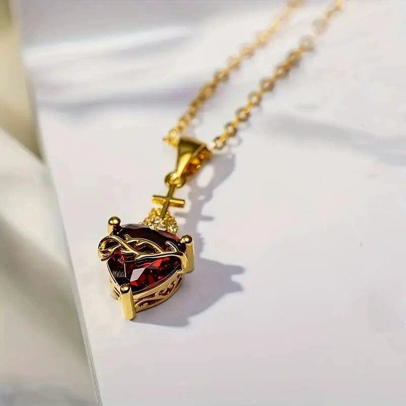 Romantic Heart Shape Necklace For Women, Electroplated Copper Pendant With Artificial Gemstones