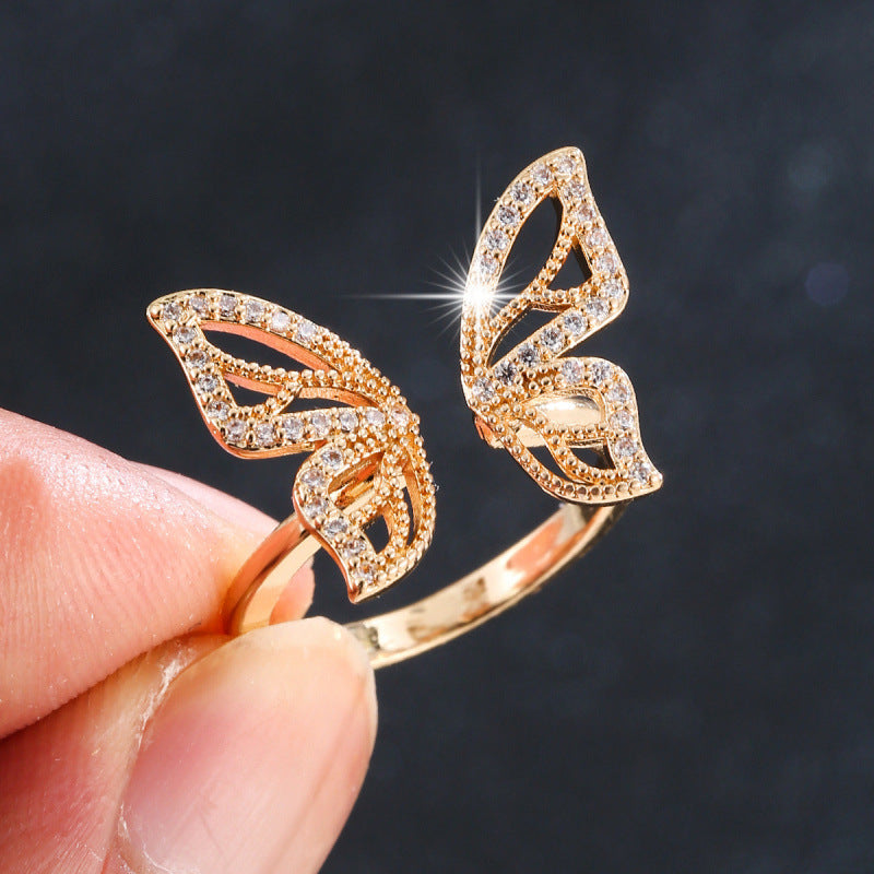 Elegant Women’s Open Rings Bow Tie Pattern Copper Ring With Zircon Inlay In Gold