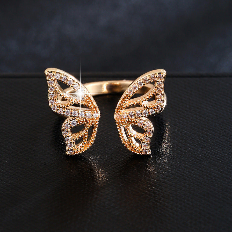Elegant Women’s Open Rings Bow Tie Pattern Copper Ring With Zircon Inlay In Gold
