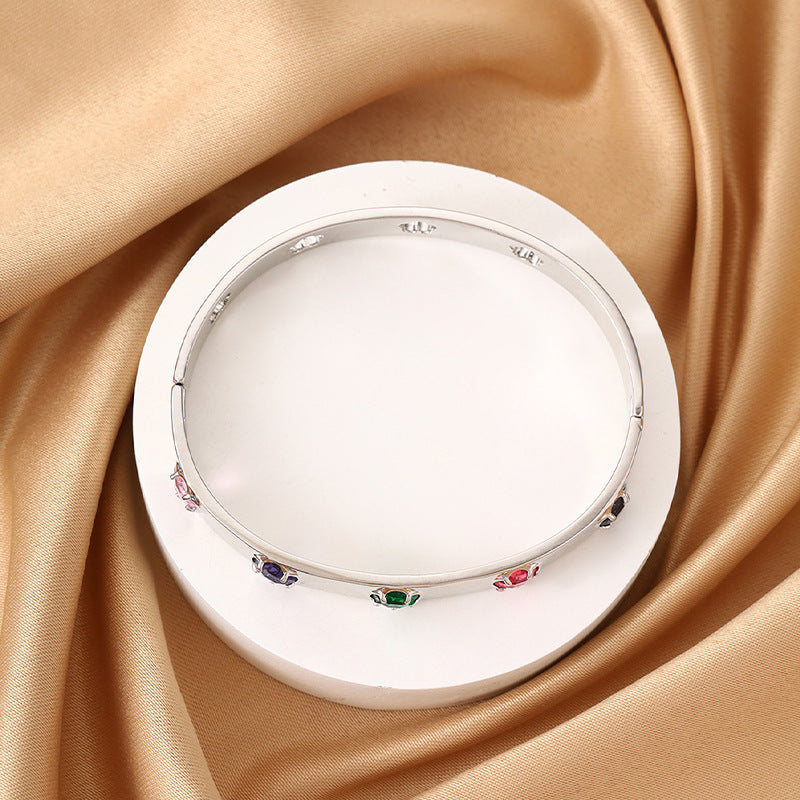 Women’s Flowers Bangle Featuring Electroplated Copper And Rhinestone Inlay, Available In Colour