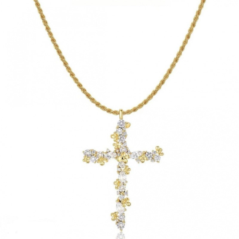 Gold Cross Necklace For Women With Copper Pendant And Zirconia Inlay On Twisted Rope Chain