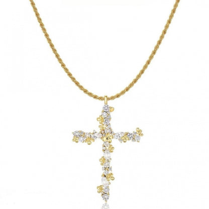 Gold Cross Necklace For Women With Copper Pendant And Zirconia Inlay On Twisted Rope Chain