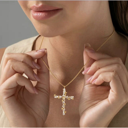 Gold Cross Necklace For Women With Copper Pendant And Zirconia Inlay On Twisted Rope Chain