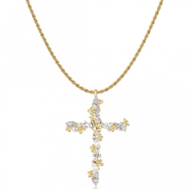 Gold Cross Necklace For Women With Copper Pendant And Zirconia Inlay On Twisted Rope Chain