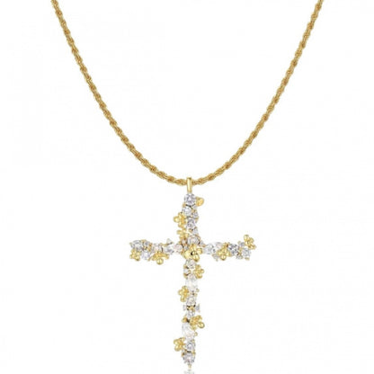 Gold Cross Necklace For Women With Copper Pendant And Zirconia Inlay On Twisted Rope Chain