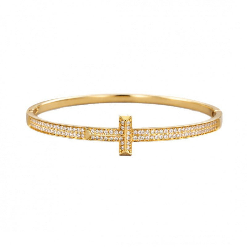 Simple Style Cross Inlay Bangle In Copper With Electroplated Gold Plating And Zircon Inlay