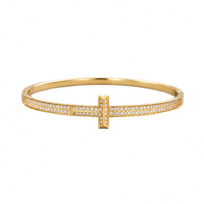 Simple Style Cross Inlay Bangle In Copper With Electroplated Gold Plating And Zircon Inlay