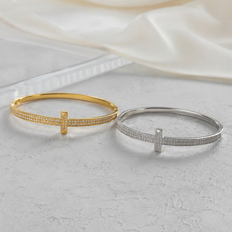 Simple Style Cross Inlay Bangle In Copper With Electroplated Gold Plating And Zircon Inlay