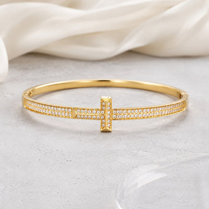Simple Style Cross Inlay Bangle In Copper With Electroplated Gold Plating And Zircon Inlay