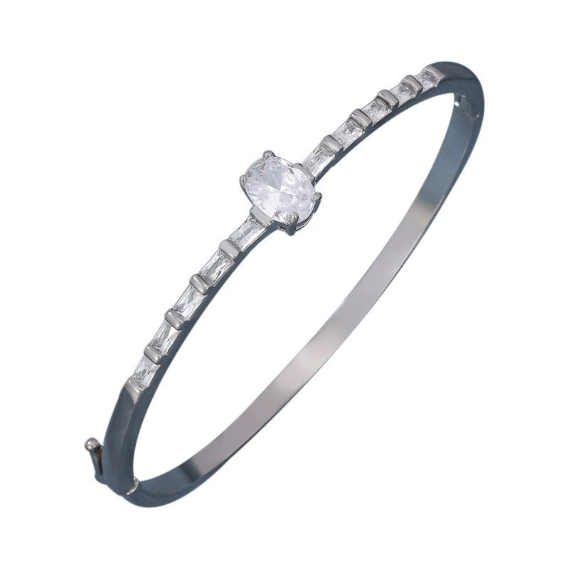 Simple Style Oval Copper Bangle For Women With Zircon Inlay