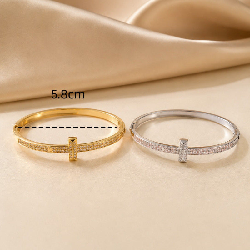 Simple Style Cross Inlay Bangle In Copper With Electroplated Gold Plating And Zircon Inlay