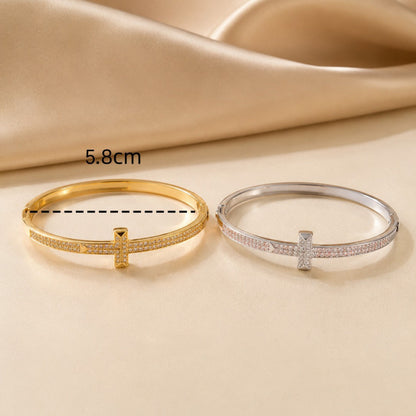 Simple Style Cross Inlay Bangle In Copper With Electroplated Gold Plating And Zircon Inlay