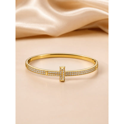 Simple Style Cross Inlay Bangle In Copper With Electroplated Gold Plating And Zircon Inlay