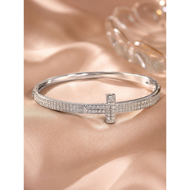 Simple Style Cross Inlay Bangle In Copper With Electroplated Gold Plating And Zircon Inlay