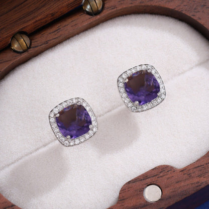 Square Purple Stud Earrings For Women Featuring Copper Posts And Rhinestone Inlay