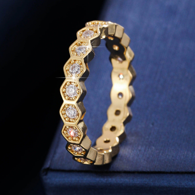 Honeycomb Wave Ring For Women In Simple Style, Crafted From Copper With Zircon Inlay, Available In Gold