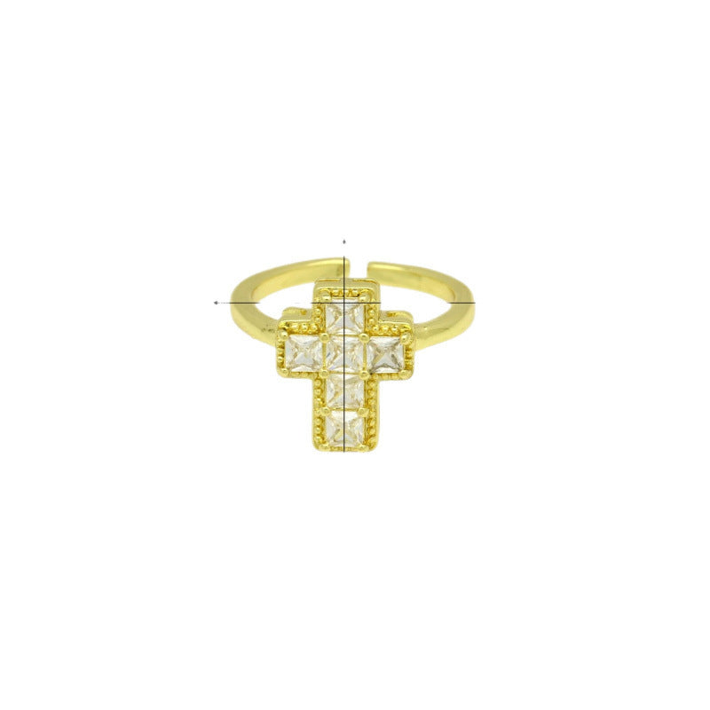 Women’s Cross Ring In Electroplated Copper With Zircon Inlay, Perfect For Autumn