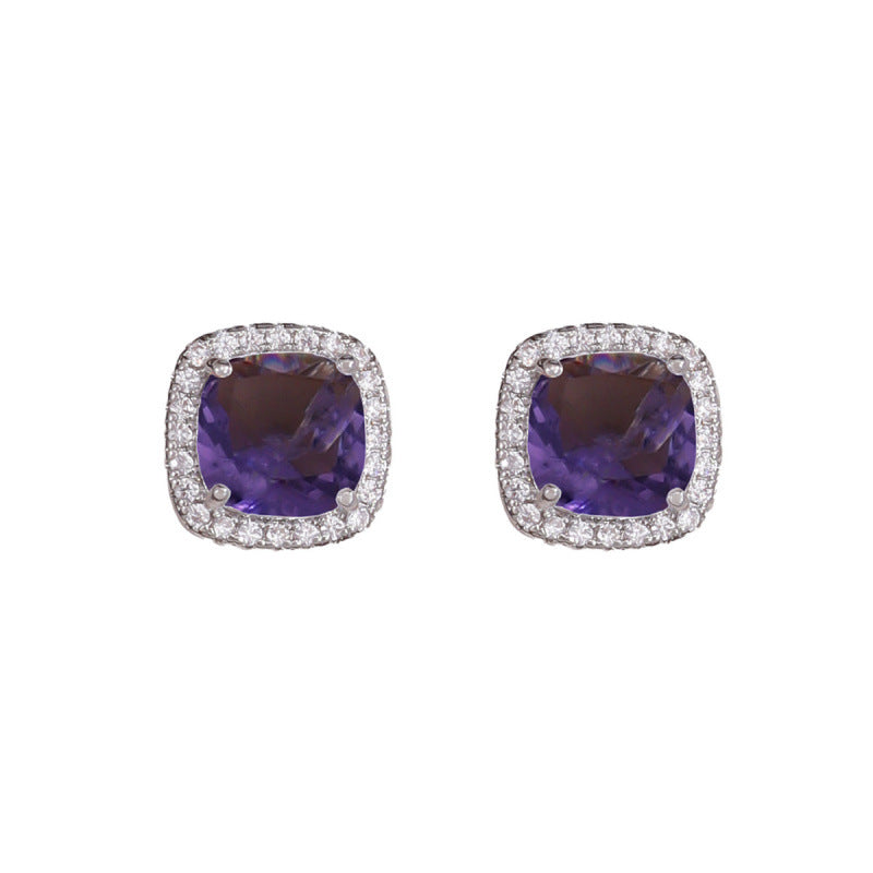 Square Purple Stud Earrings For Women Featuring Copper Posts And Rhinestone Inlay