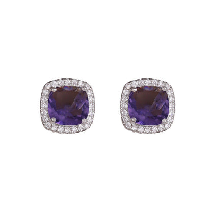 Square Purple Stud Earrings For Women Featuring Copper Posts And Rhinestone Inlay