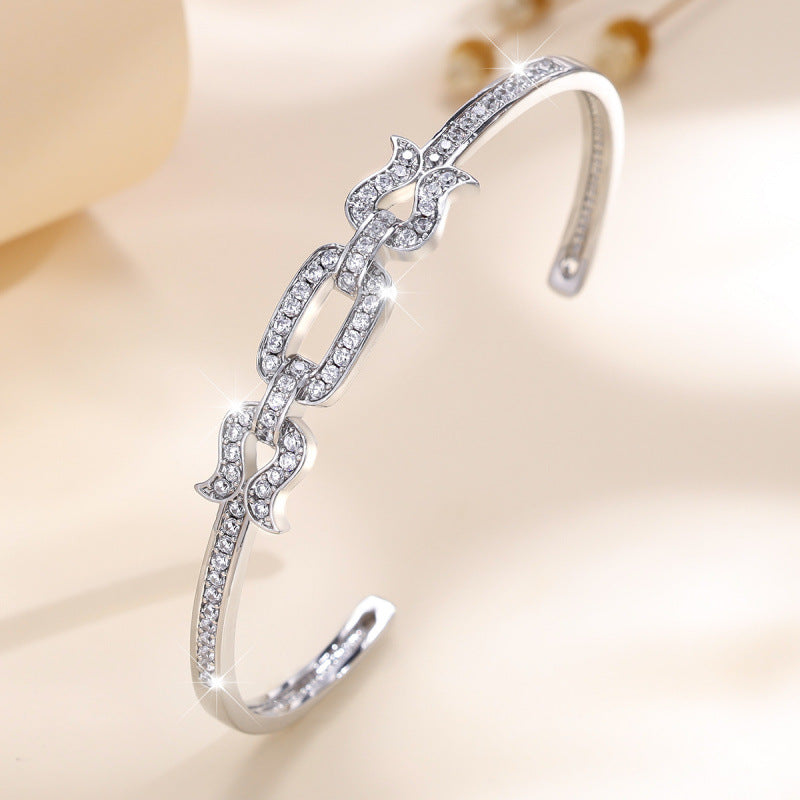 Irregular Inlay Zircon Copper Cuff Bracelet For Women With Electroplated Gold Plating