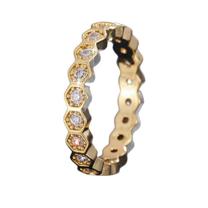 Honeycomb Wave Ring For Women In Simple Style, Crafted From Copper With Zircon Inlay, Available In Gold