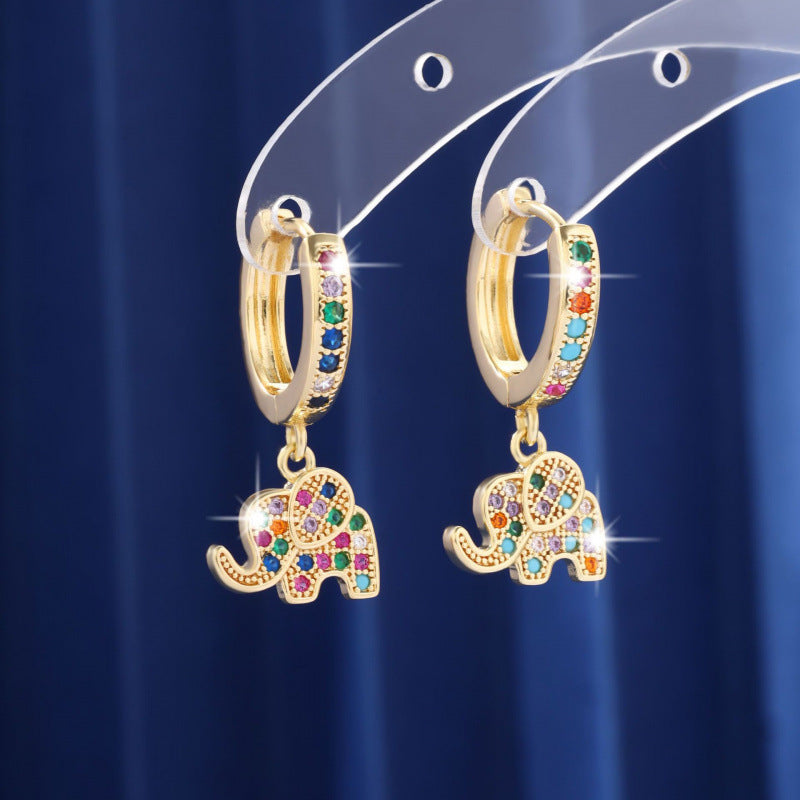 Elephant Earrings For Women In Copper With Zircon Inlay, Electroplated Finish And 925 Sterling Silver Ear Pins
