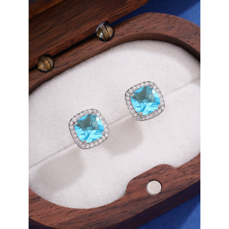 Square Purple Stud Earrings For Women Featuring Copper Posts And Rhinestone Inlay