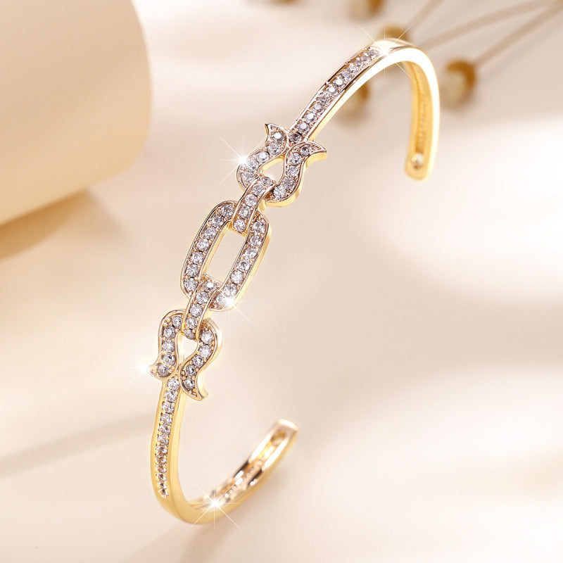 Irregular Inlay Zircon Copper Cuff Bracelet For Women With Electroplated Gold Plating