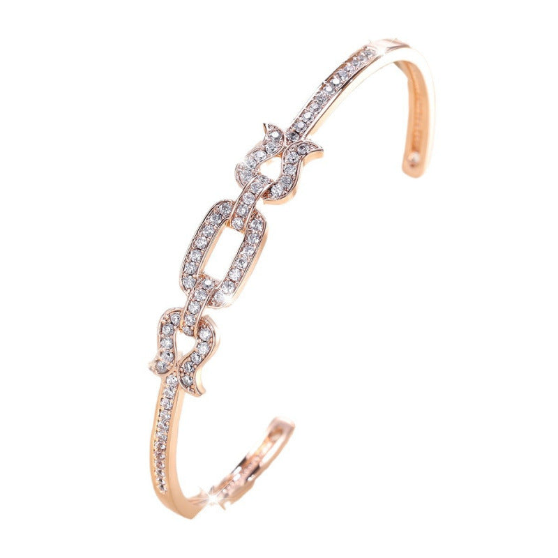 Irregular Inlay Zircon Copper Cuff Bracelet For Women With Electroplated Gold Plating