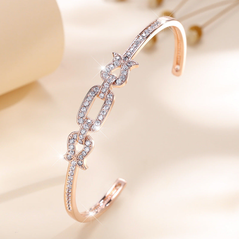 Irregular Inlay Zircon Copper Cuff Bracelet For Women With Electroplated Gold Plating