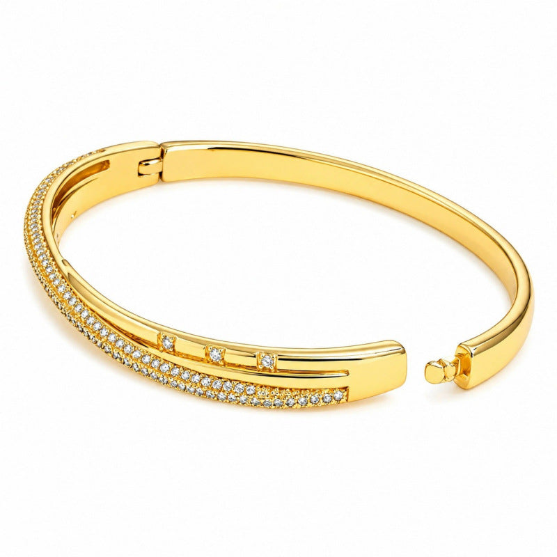 Irregular Copper Bangle For Women In Simple Style With Electroplated Gold Plating And Zircon Inlay