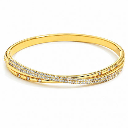Irregular Copper Bangle For Women In Simple Style With Electroplated Gold Plating And Zircon Inlay