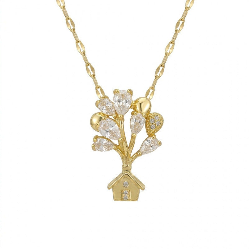 Gold Tree Necklace For Women Featuring Copper Pendant Material With Zircon Inlay