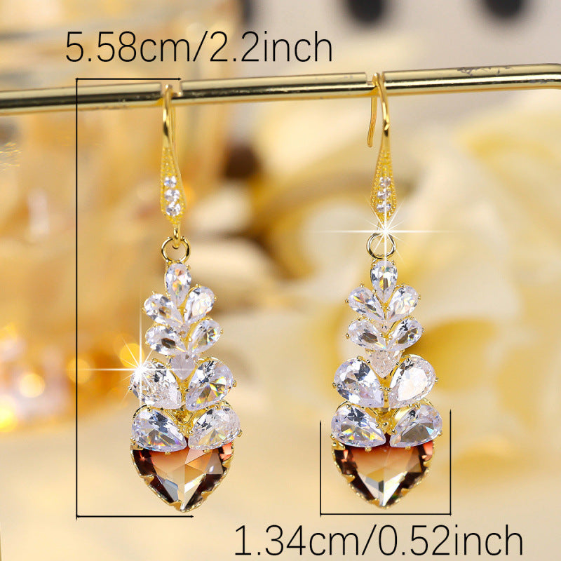 Sweet Heart Shape Drop Earrings For Women In Gold Copper With Zircon Inlay, Featuring Ear Hook Design