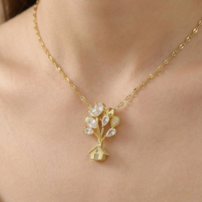 Gold Tree Necklace For Women Featuring Copper Pendant Material With Zircon Inlay