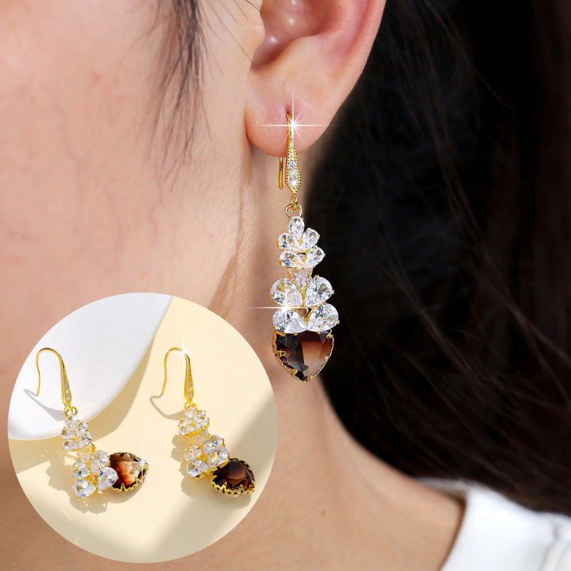 Sweet Heart Shape Drop Earrings For Women In Gold Copper With Zircon Inlay, Featuring Ear Hook Design
