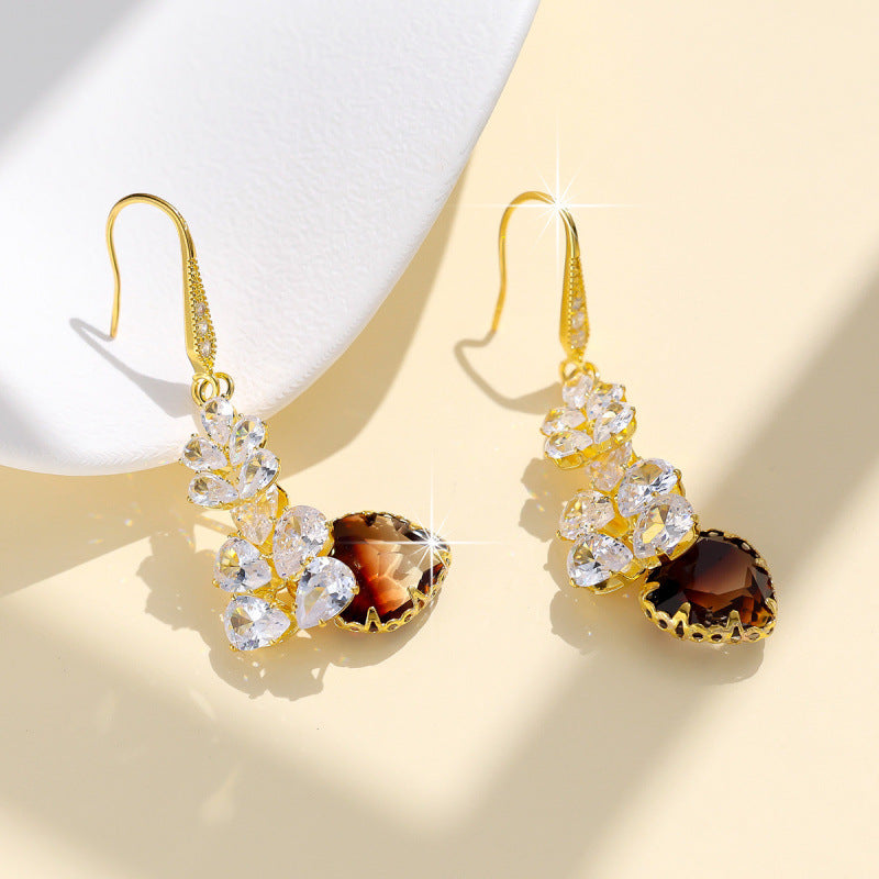 Sweet Heart Shape Drop Earrings For Women In Gold Copper With Zircon Inlay, Featuring Ear Hook Design