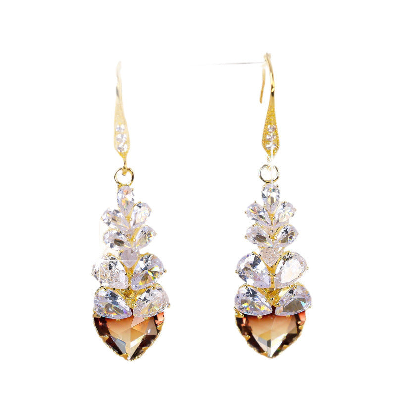 Sweet Heart Shape Drop Earrings For Women In Gold Copper With Zircon Inlay, Featuring Ear Hook Design