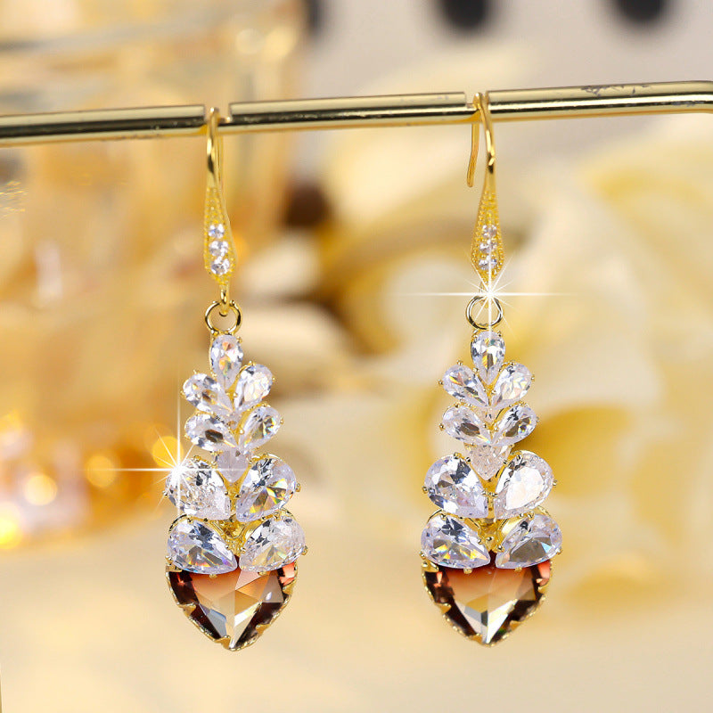 Sweet Heart Shape Drop Earrings For Women In Gold Copper With Zircon Inlay, Featuring Ear Hook Design