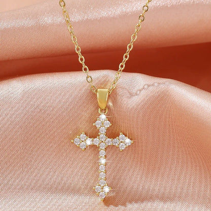 Cross Necklace With Electroplated Copper Cable Chain Featuring Zircon Inlay, Unisex Design