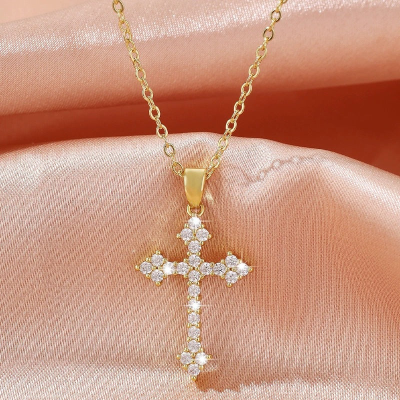 Electroplated Copper Cross Pendant Necklace For Women With Zircon Inlay And Cable Chain