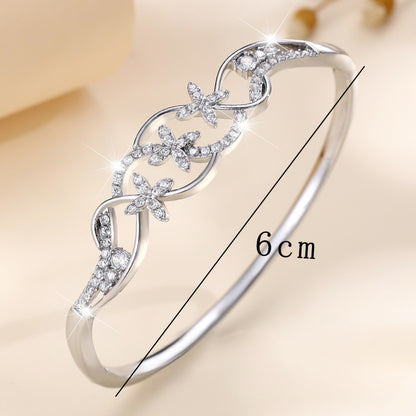 Women’s Copper Bangle With Twist Pattern And Flowers, Inlaid With Rhinestones, Available In Gold
