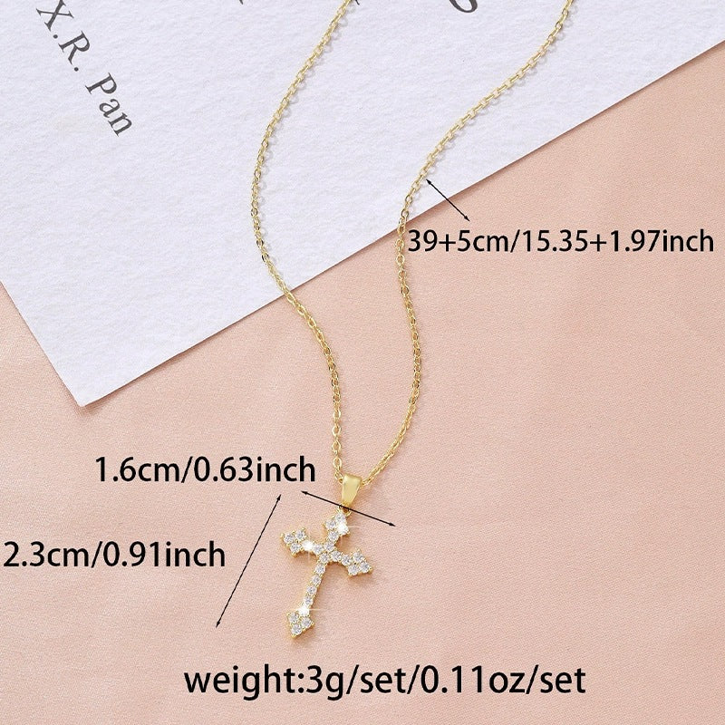 Electroplated Copper Cross Pendant Necklace For Women With Zircon Inlay And Cable Chain